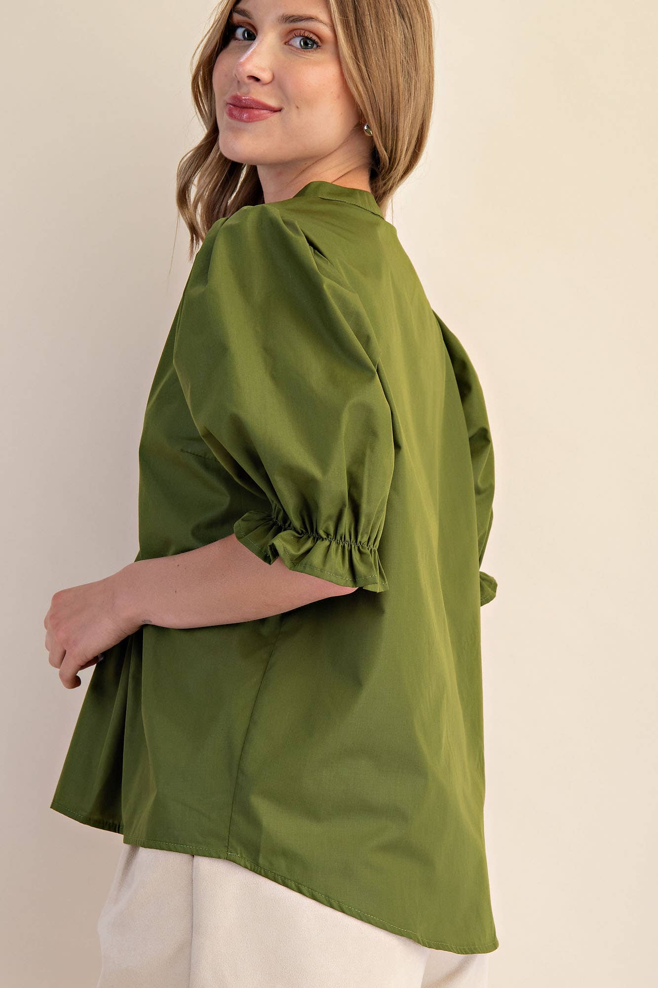 V-Neck Puff Sleeve Top: Olive