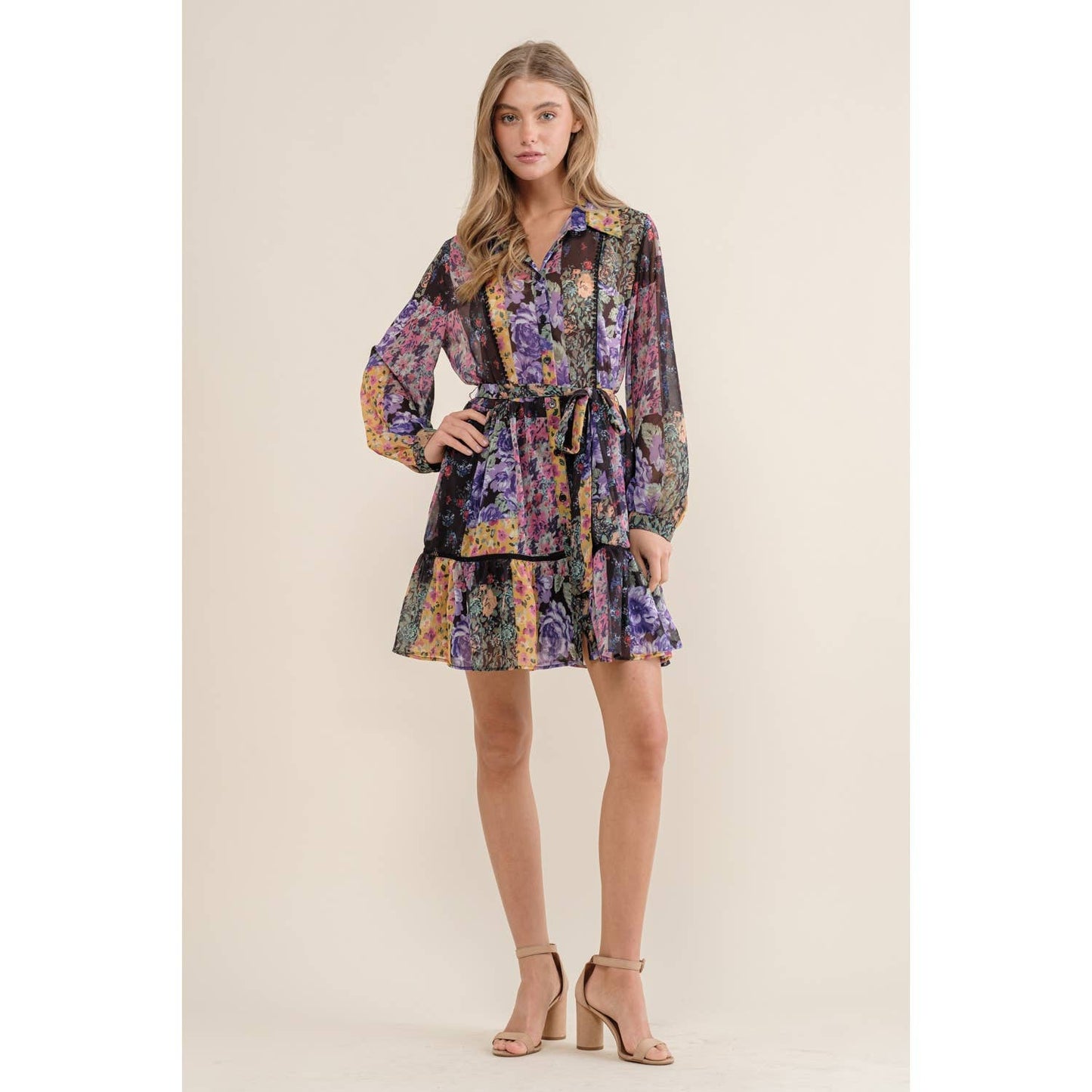 FLOWER PRINT LONG SLEEVE SHIRT DRESS: Blush Multi / M