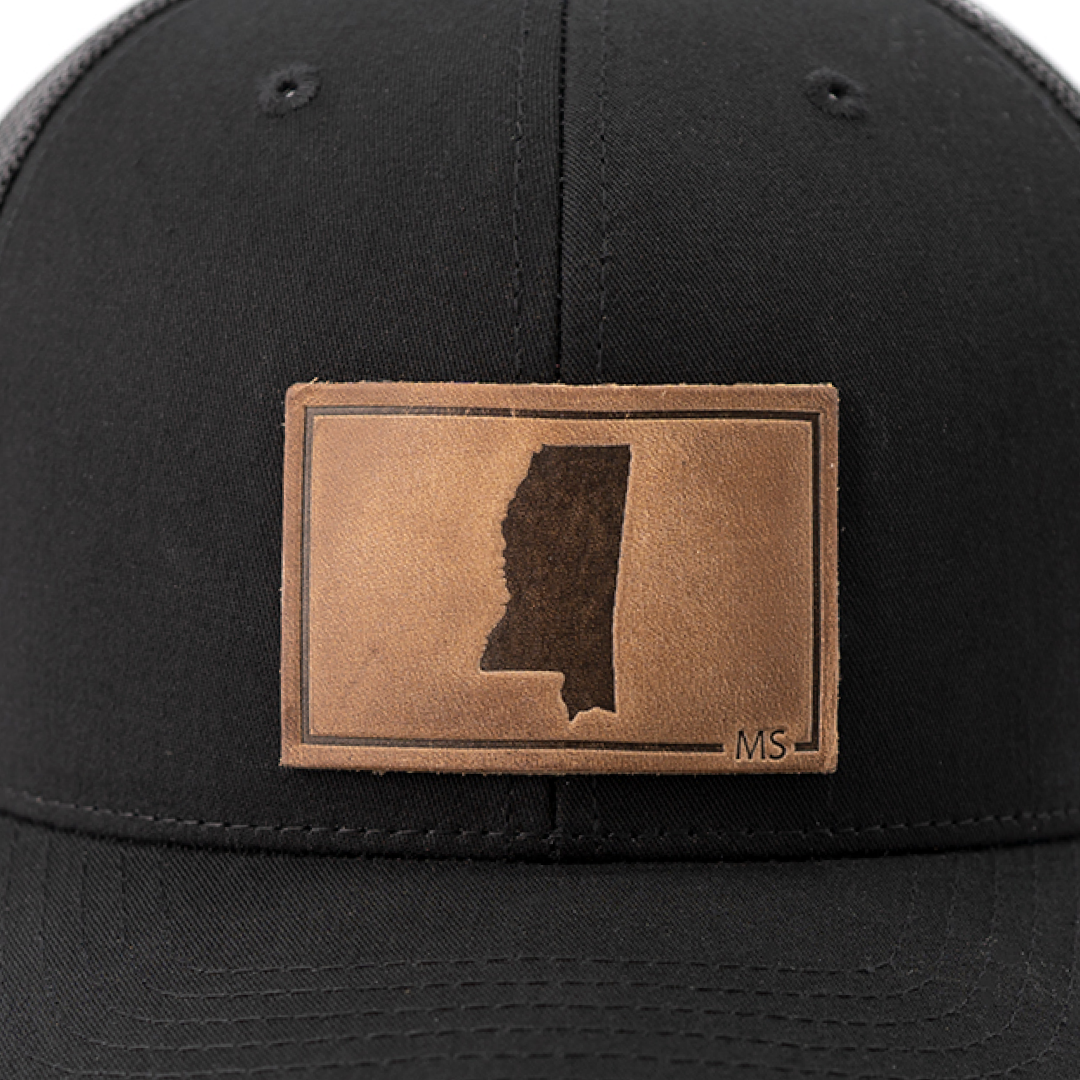 Mississippi Silhouette Hat | Leather Patch Trucker Hat: Navy