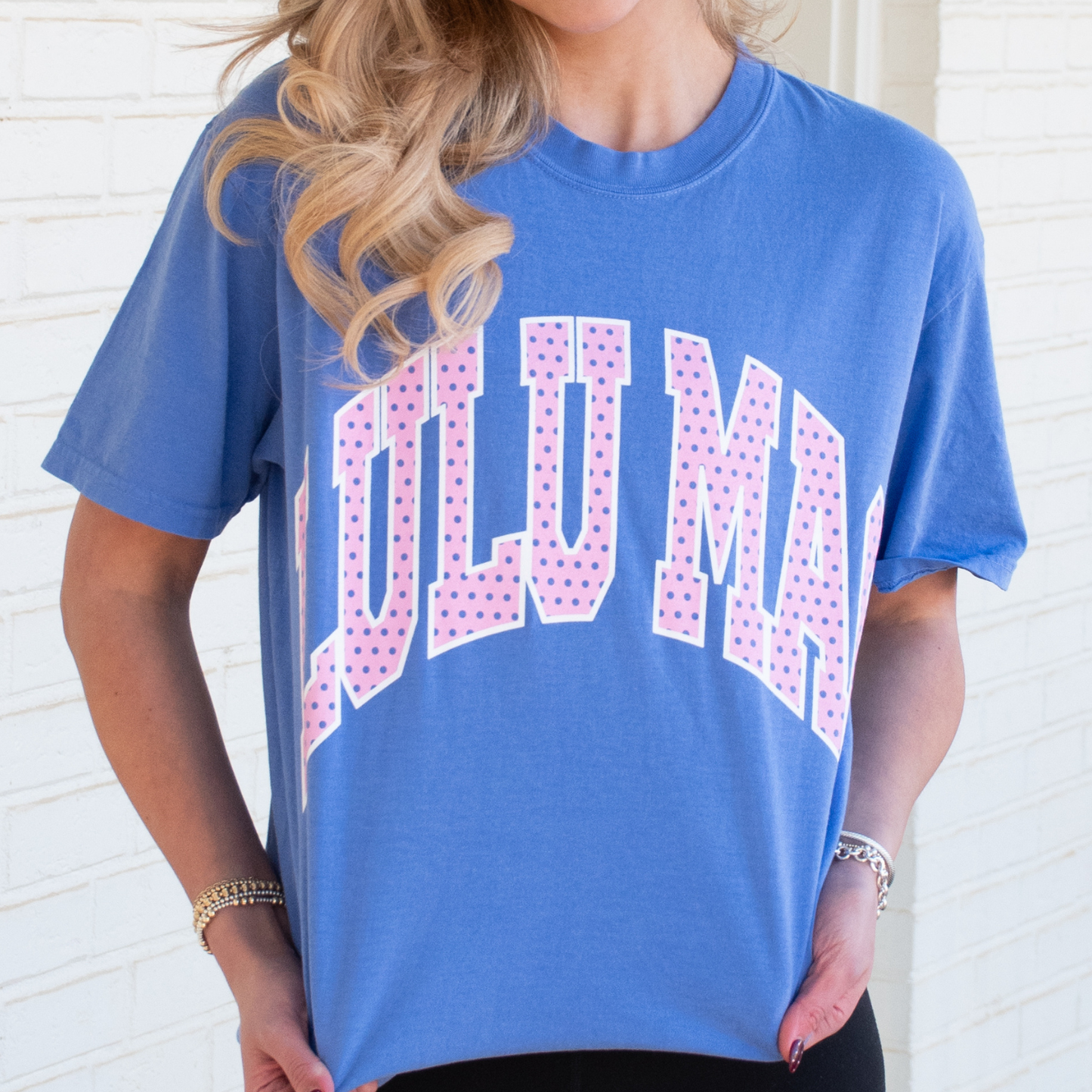 LM-PD-1001 Polka Dot Adult Flo Blue Comfort Colors Tee: Flo Blue / Large