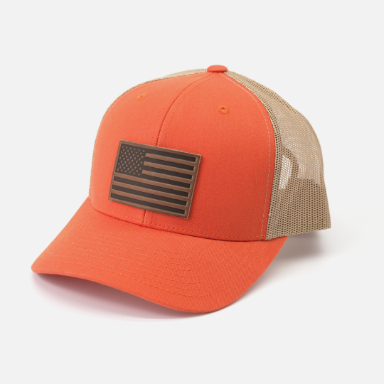 American Flag Hat - Leather Patch Trucker Snapback: Khaki