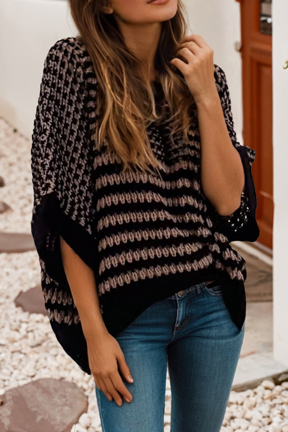 LDC 3/4 Draped Sleeve Slouchy Sweater: Red Stripe / L