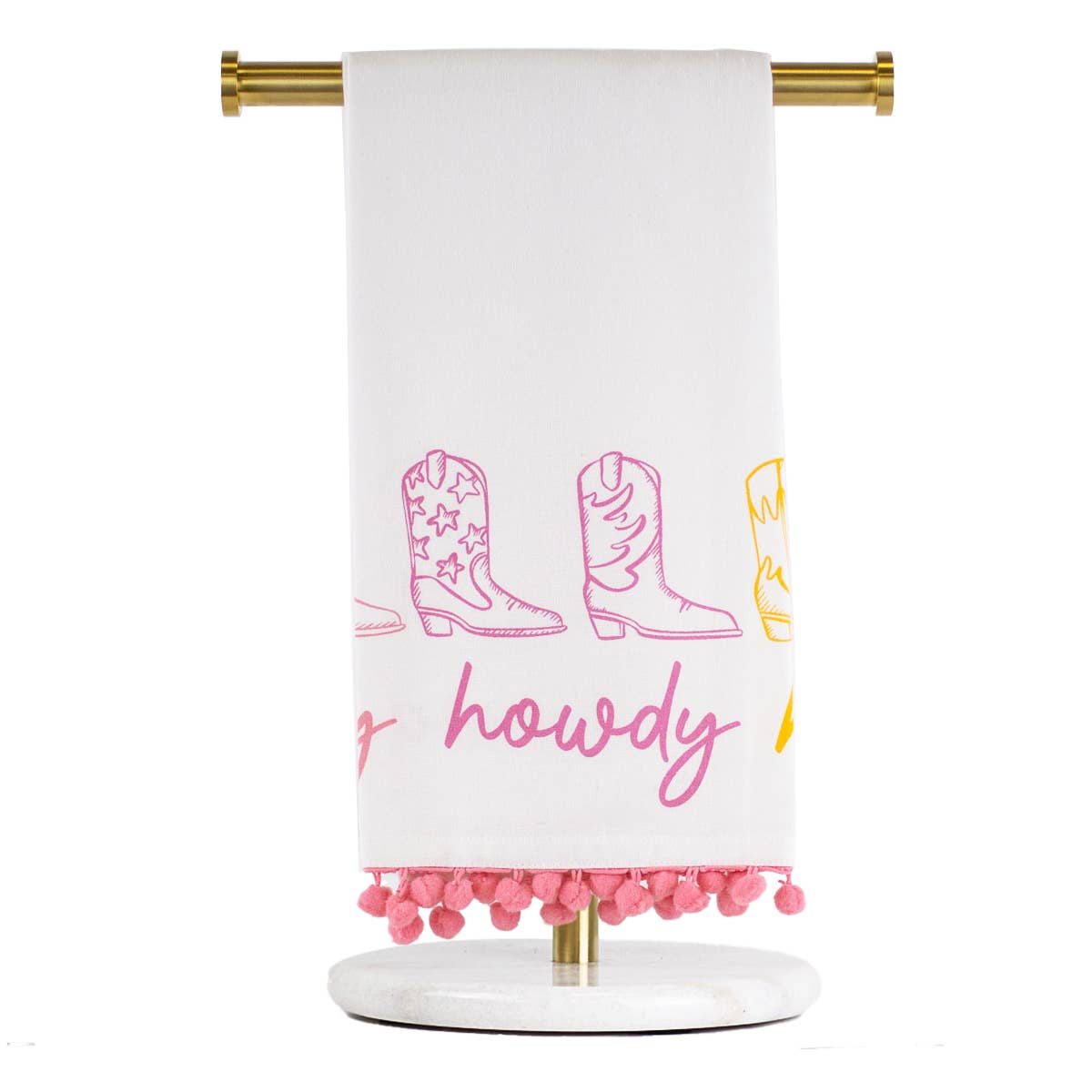 Howdy Cowgirl Pom Pom Hand Towel White/Pink/Orange 20x28