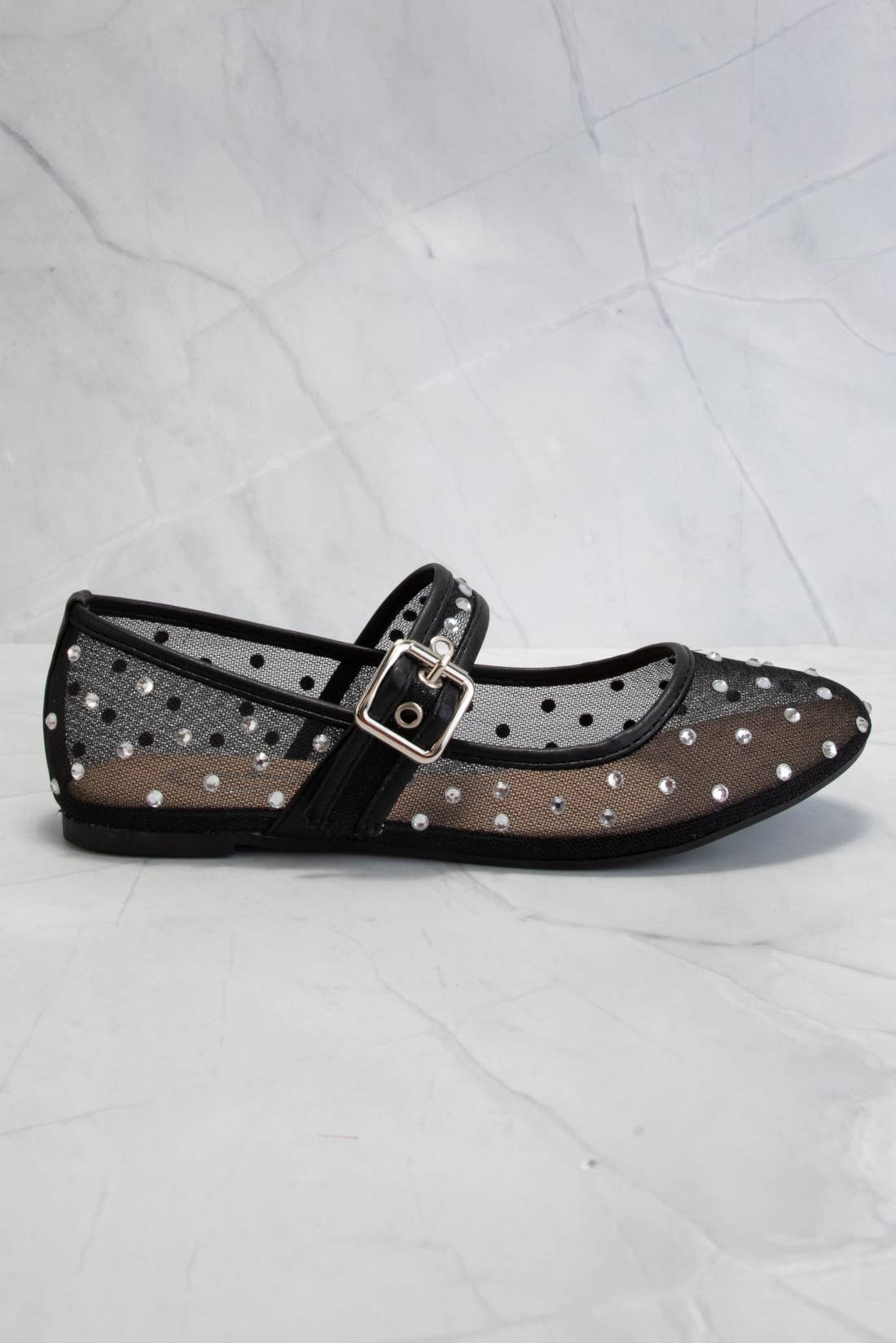 SF9868 RHINESTONE EMBELLISHED MESH MARY JANE FLATS: BLACK / 6.5