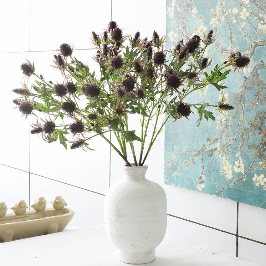 26" Artificial Thistle Eryngium Sea Holly-10Flowers : Wine Burgundy