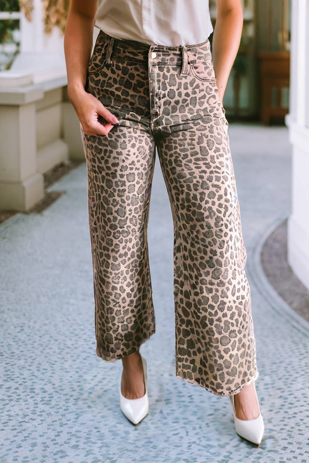 Leopard Frayed Edge Wide Leg High Waist Jeans
