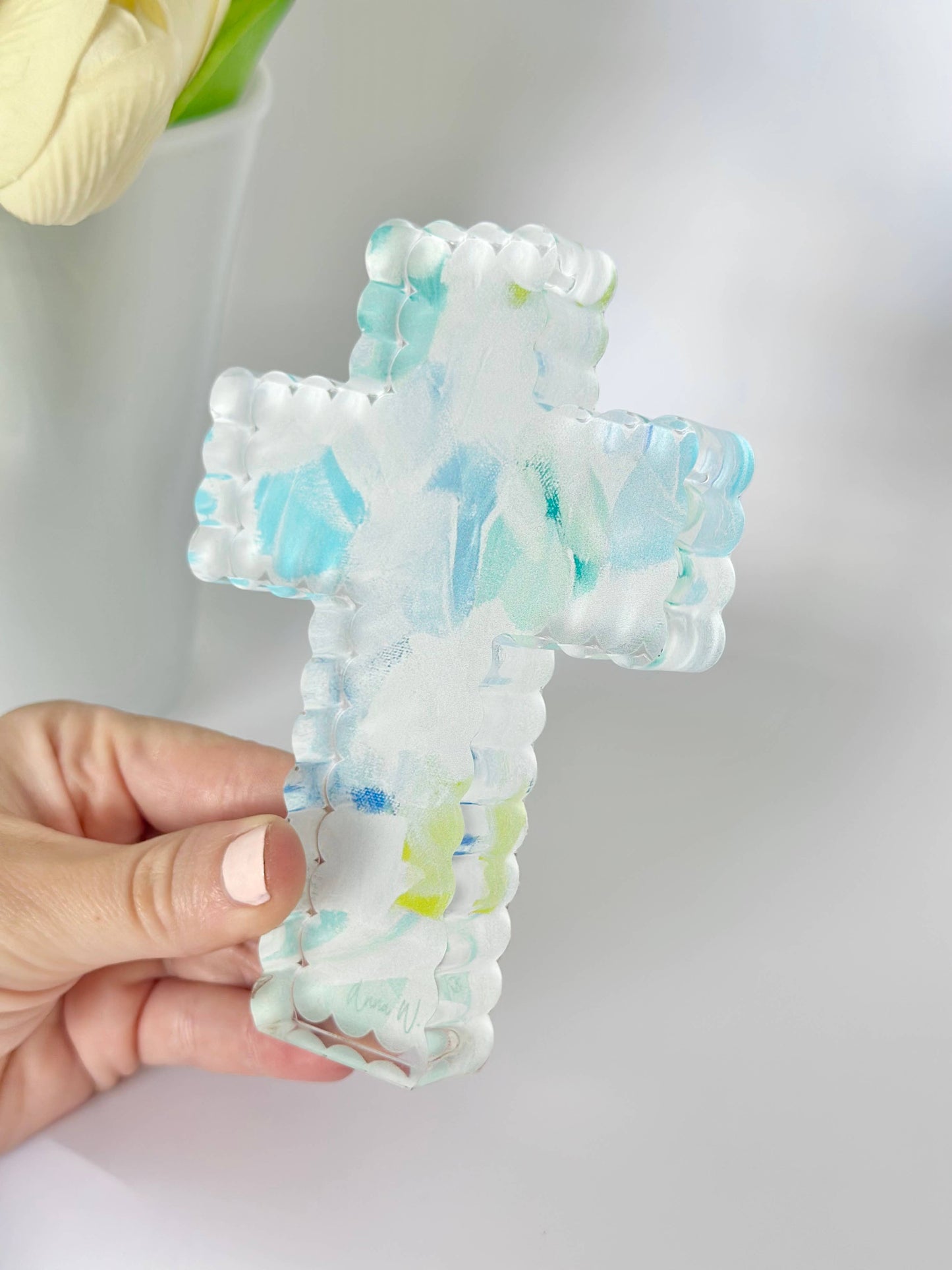 Scalloped Acrylic Cross Blue Abstract