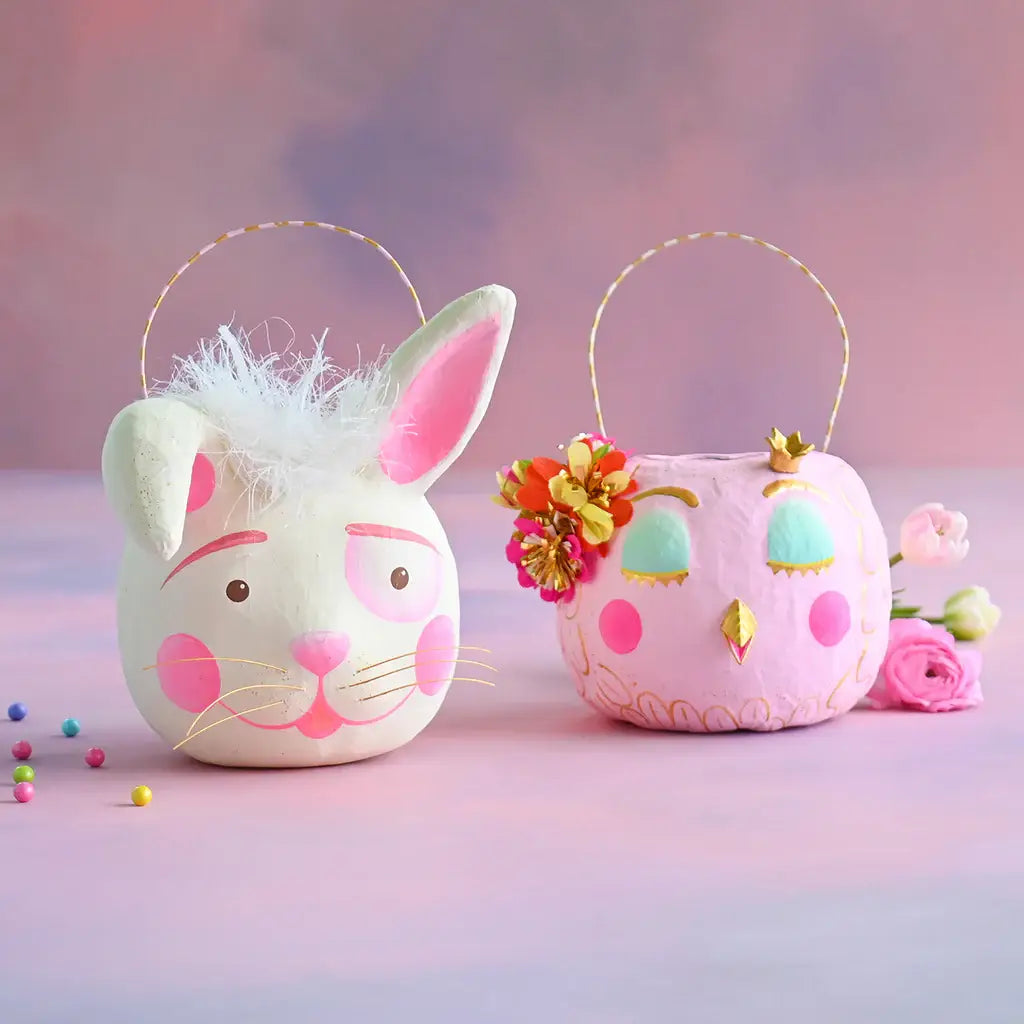 Glitterville Bunny & Chick Bucket, 2 Asst, Papermache