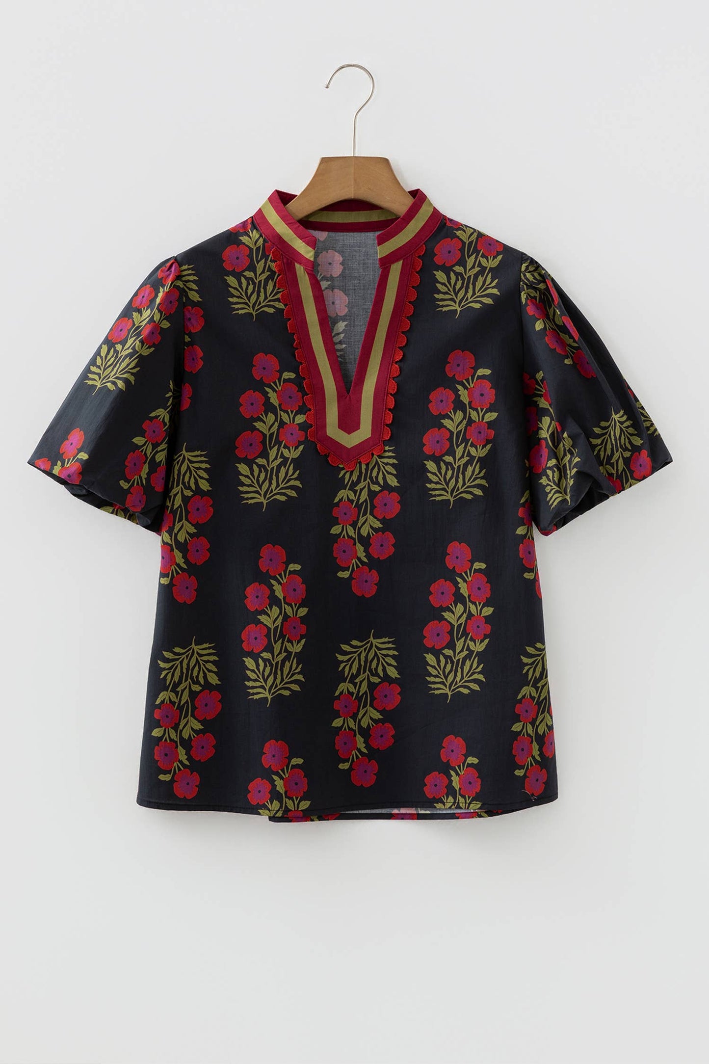 Floral Short Bubble Sleeve Contrast Plus Size Top (S-4X): White / S