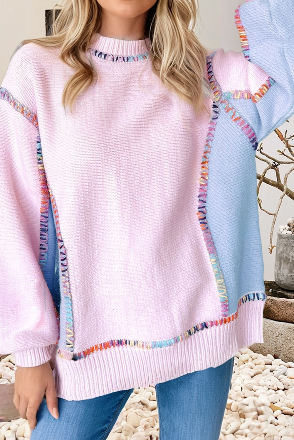 LDC Color Block Stitching Bishop Sleeve Round Neck Sweater: White / XL