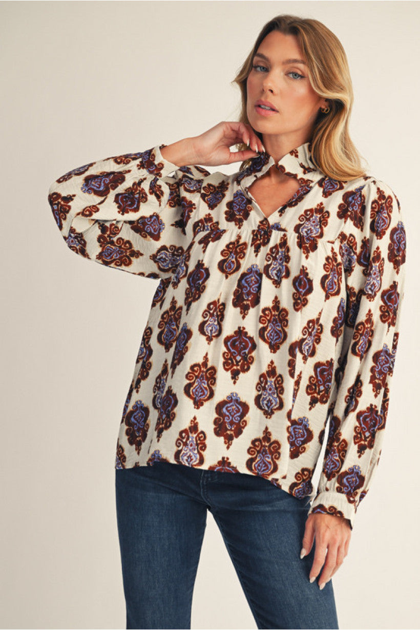 Long Sleeve Damask Print Top