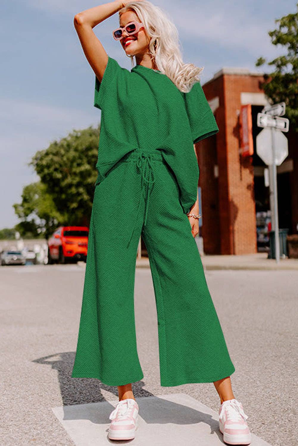 Green Textured Loose Fit Shirt and Drawstring Pants Set