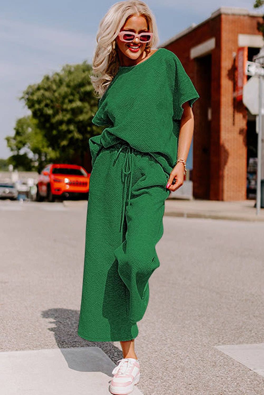 Green Textured Loose Fit Shirt and Drawstring Pants Set