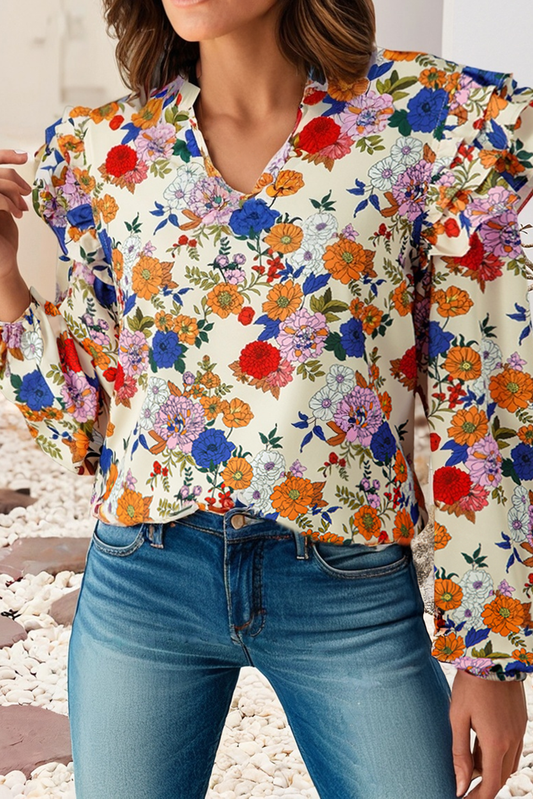 Ruffled Shoulder Long Sleeve Floral Blouse