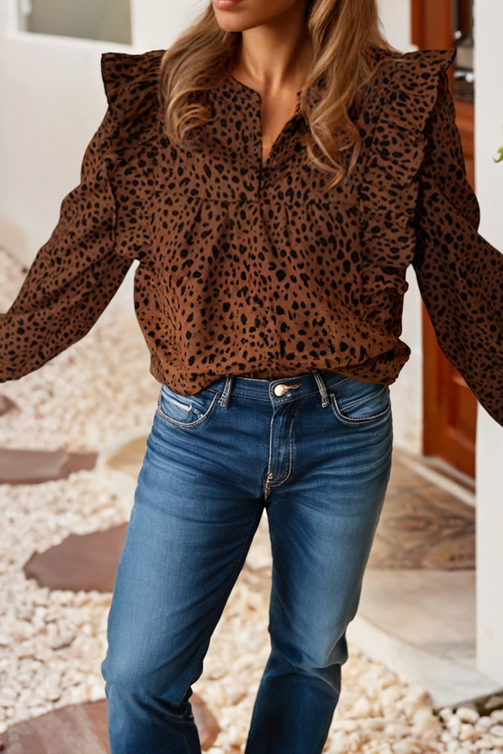 Leopard Print Ruffled Puff Sleeve Blouse