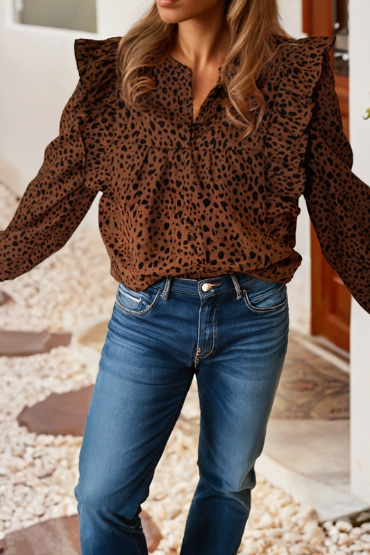 Leopard Print Ruffled Puff Sleeve Blouse