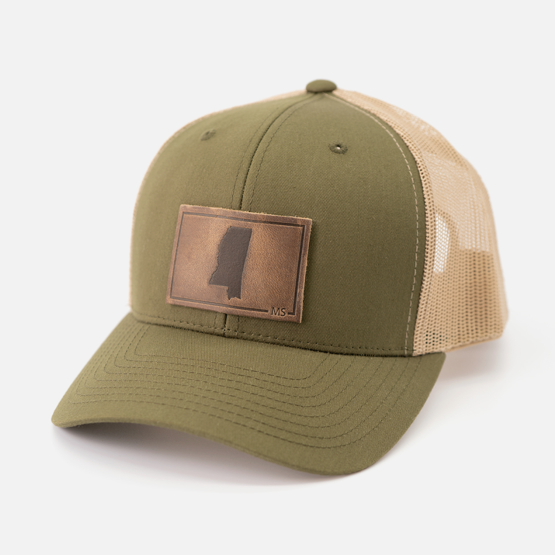 Mississippi Silhouette Hat | Leather Patch Trucker Hat: Navy