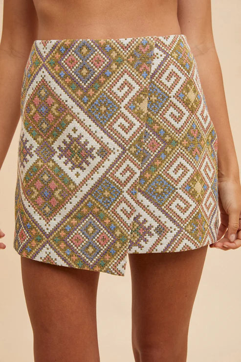 Woven Jacquard Wrap Mini Skirt