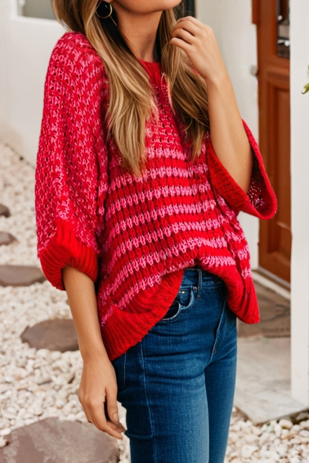 LDC 3/4 Draped Sleeve Slouchy Sweater: Red Stripe / S