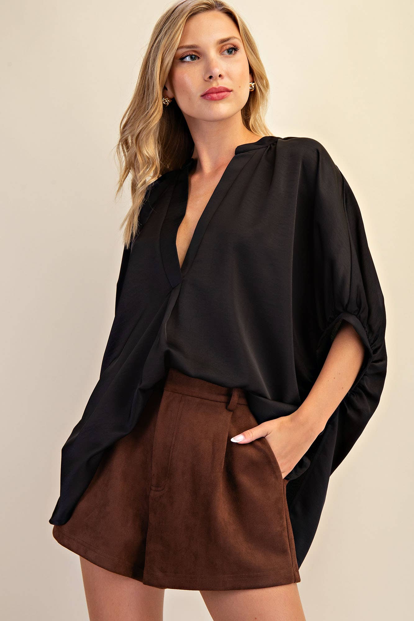 V-Neck Placket Oversized Satin Top: Burgundy / M