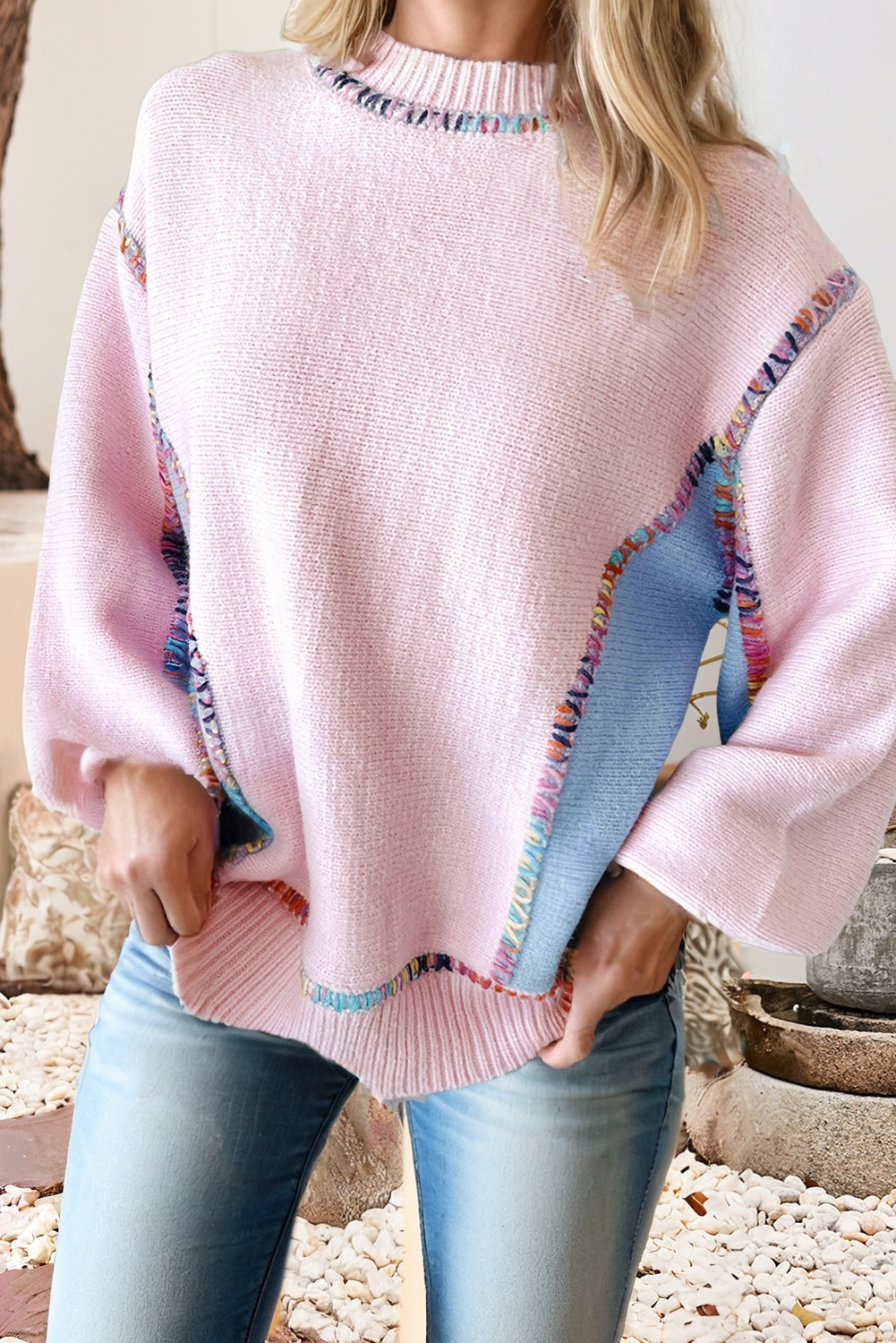 LDC Color Block Stitching Bishop Sleeve Round Neck Sweater: White / XL
