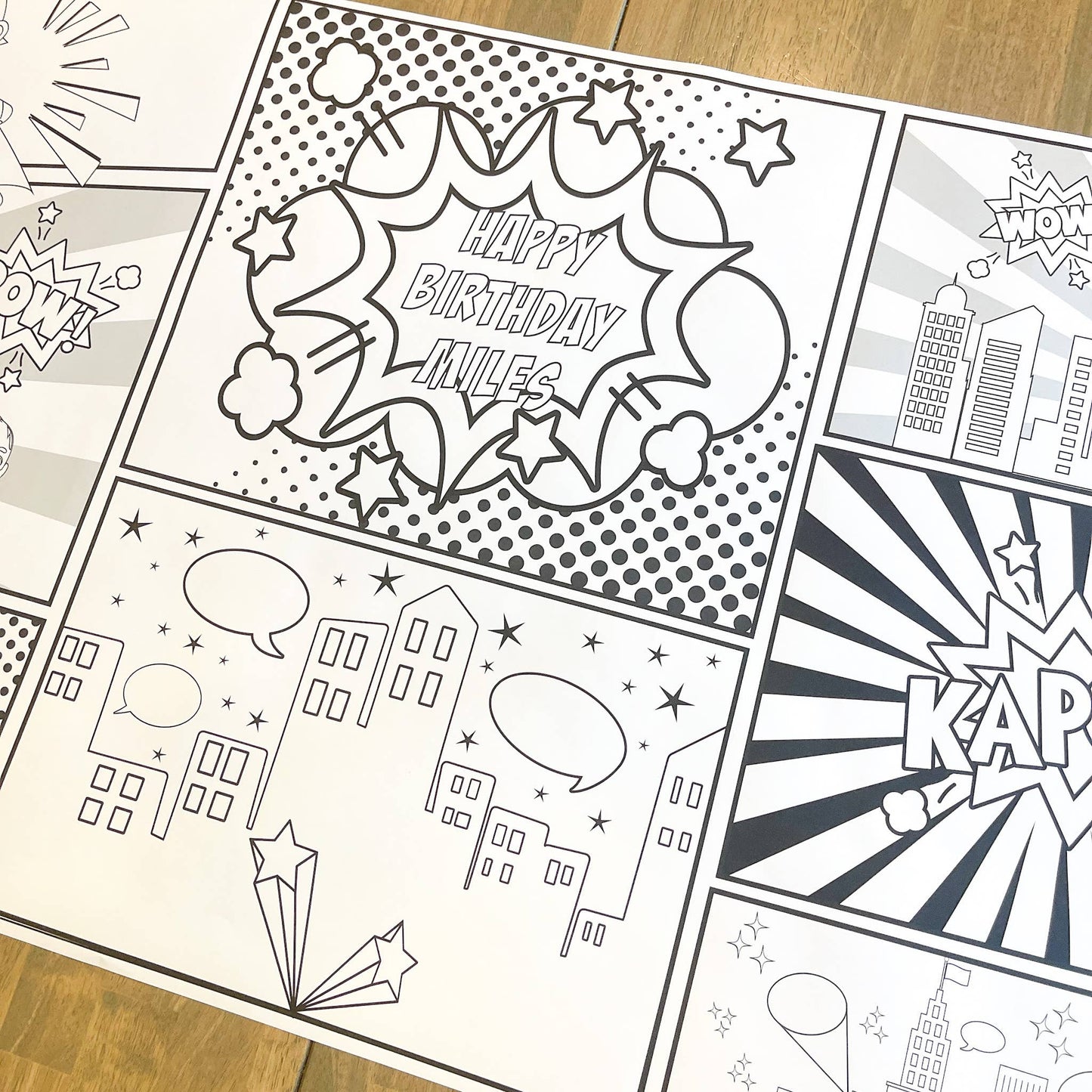 Superhero Party Coloring Table Runner| Happy Birthday: Pow Wow Wham Etc