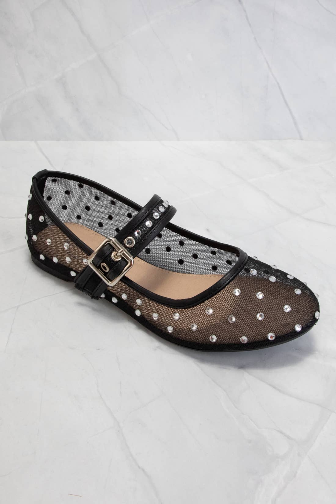SF9868 RHINESTONE EMBELLISHED MESH MARY JANE FLATS: BLACK / 8