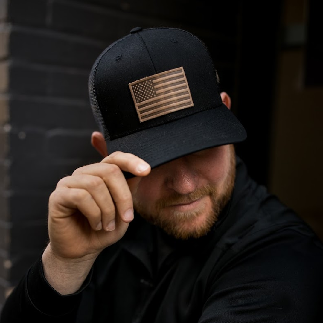 American Flag Hat | Leather Patch Trucker Hat: Heather Gray/White
