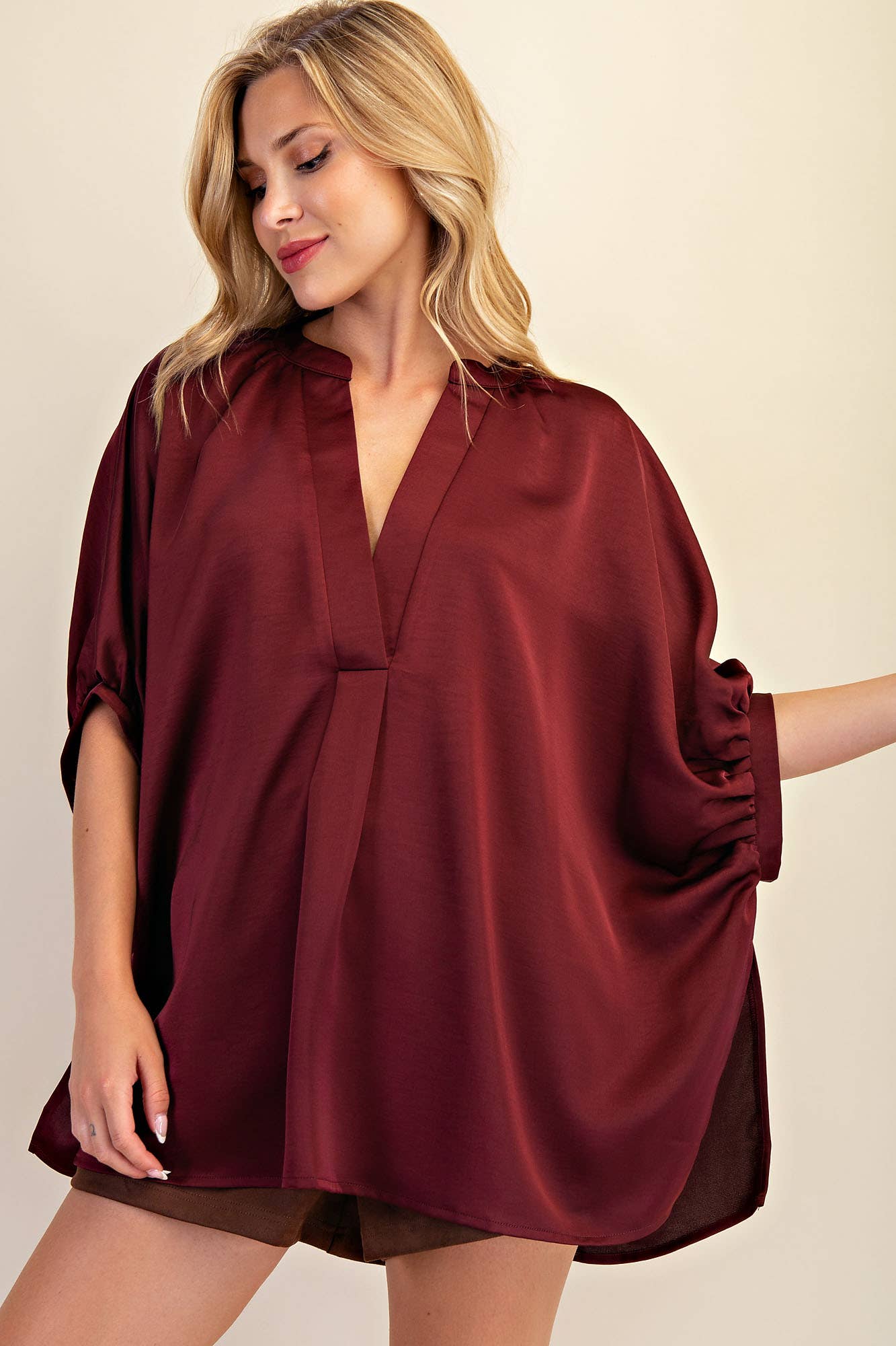 V-Neck Placket Oversized Satin Top: Burgundy / M