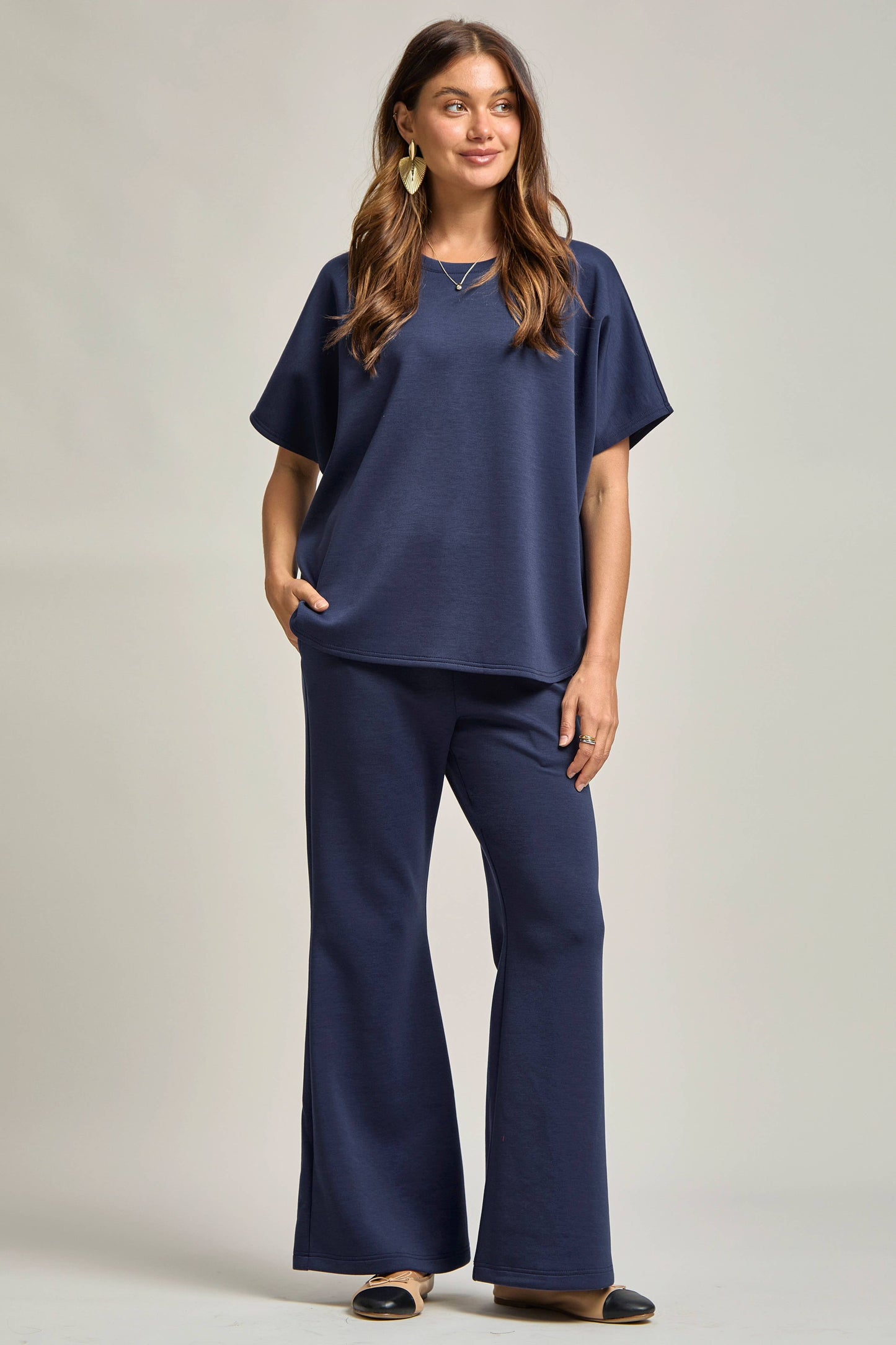 Poncho Top + Bell Bottom Modal Set: Navy / L
