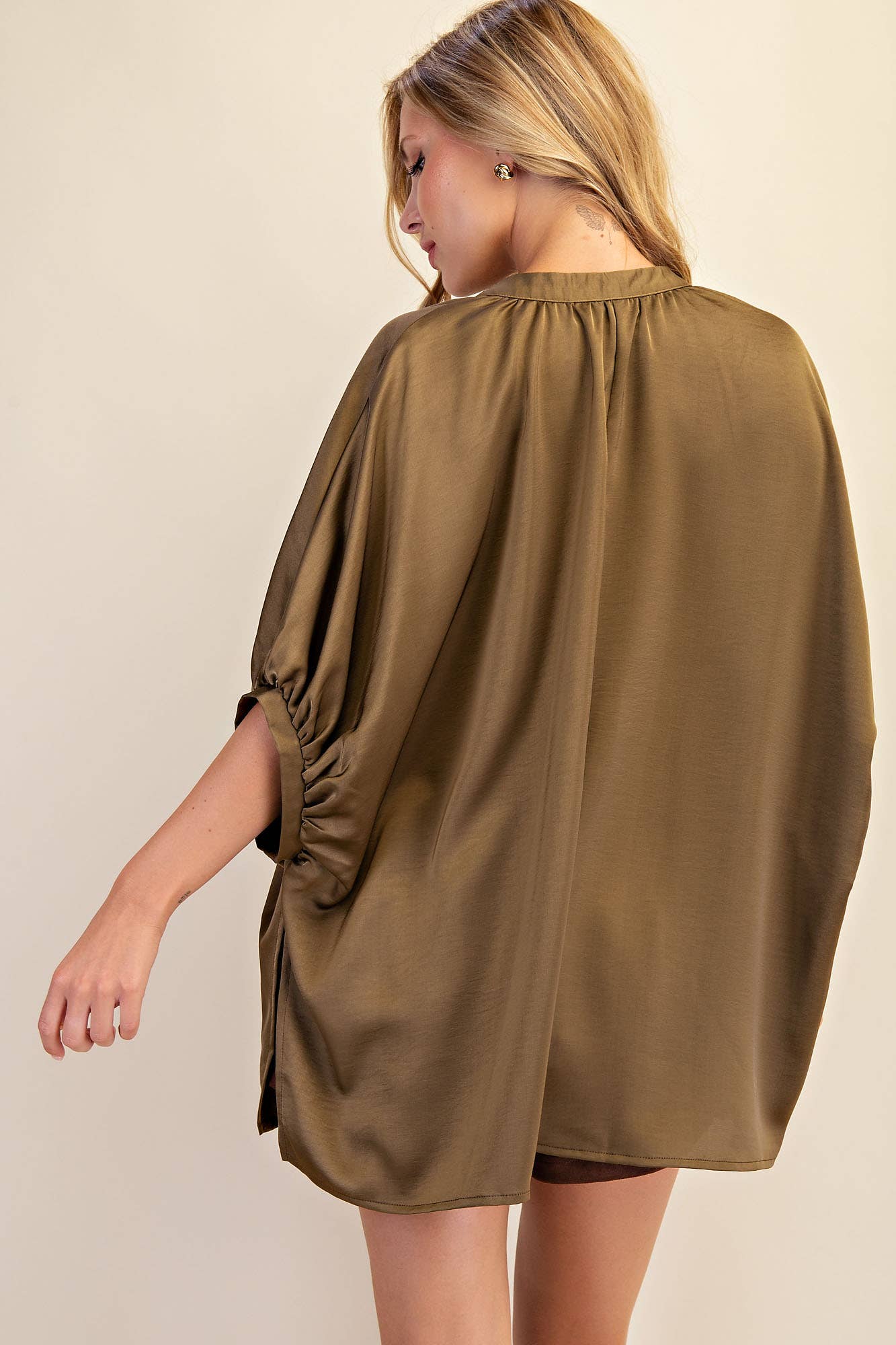 V-Neck Placket Oversized Satin Top: Burgundy / M