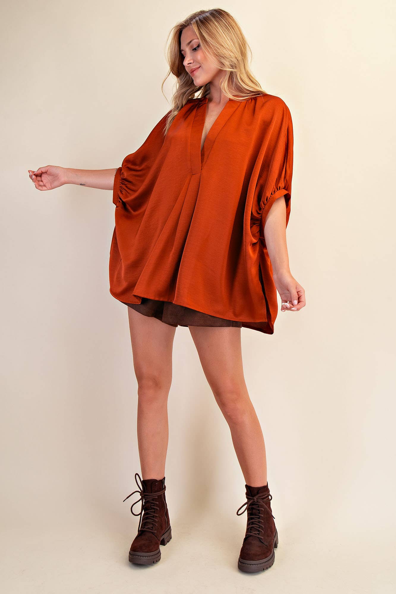 V-Neck Placket Oversized Satin Top: Burgundy / M