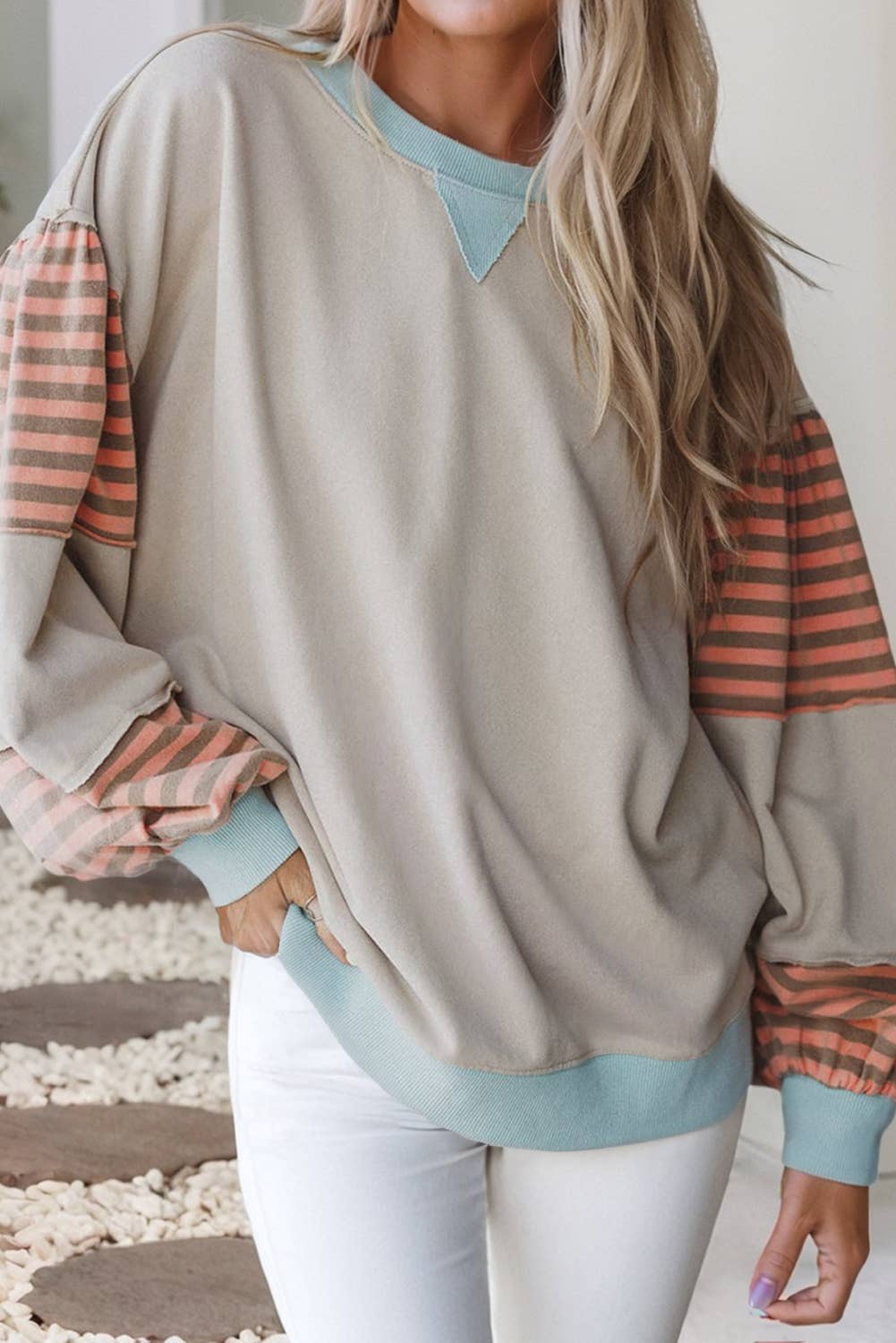 LDC Striped Colorblock Patchwork Drop Shoulder Sweatshirt: Delicacy / S
