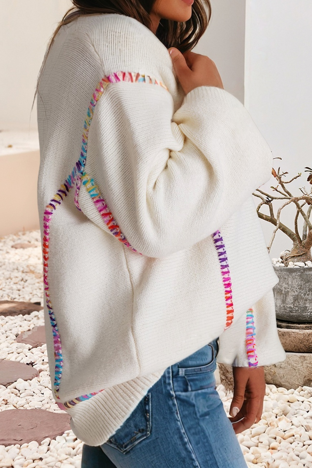 LDC Color Block Stitching Bishop Sleeve Round Neck Sweater: White / XL