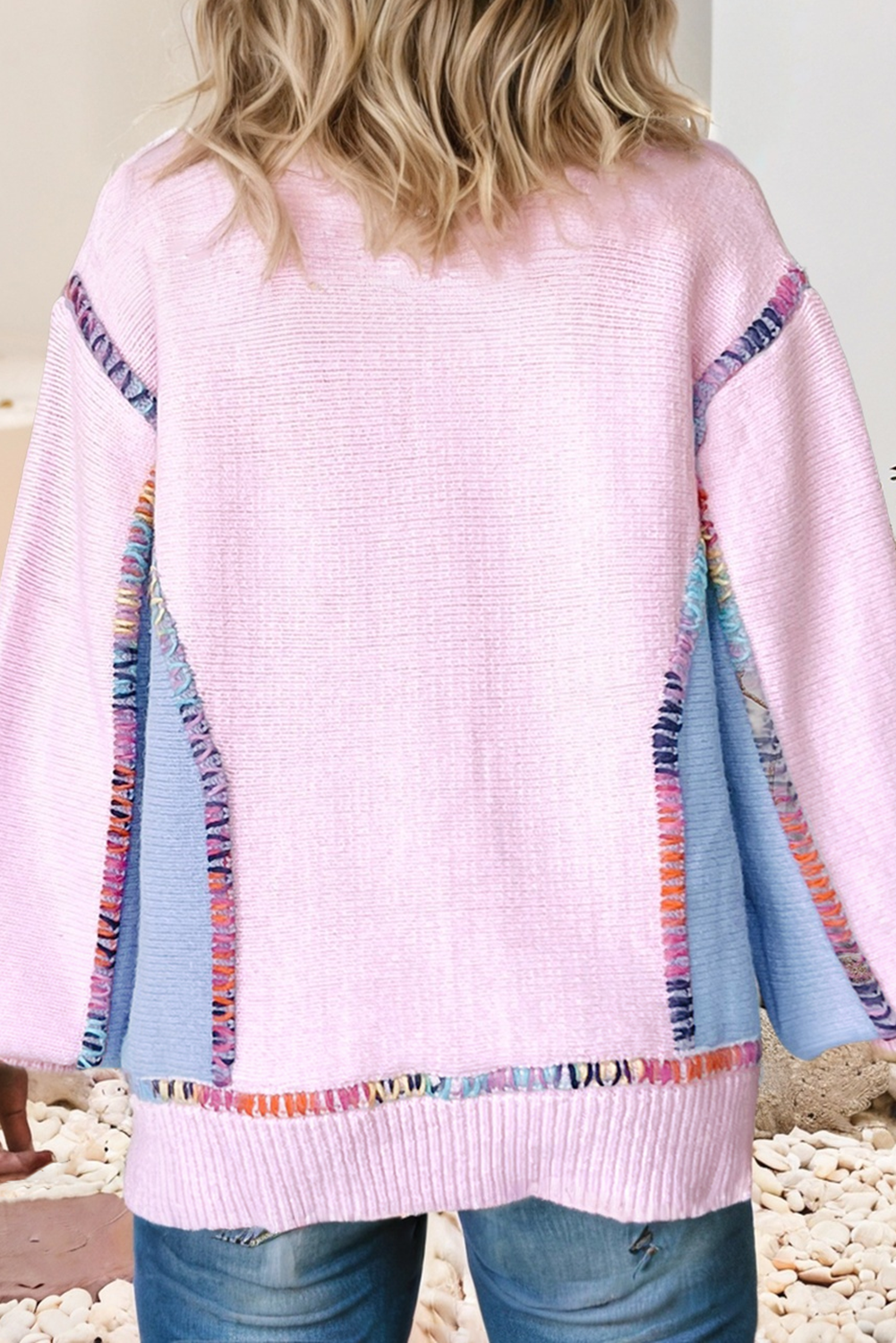 LDC Color Block Stitching Bishop Sleeve Round Neck Sweater: White / XL