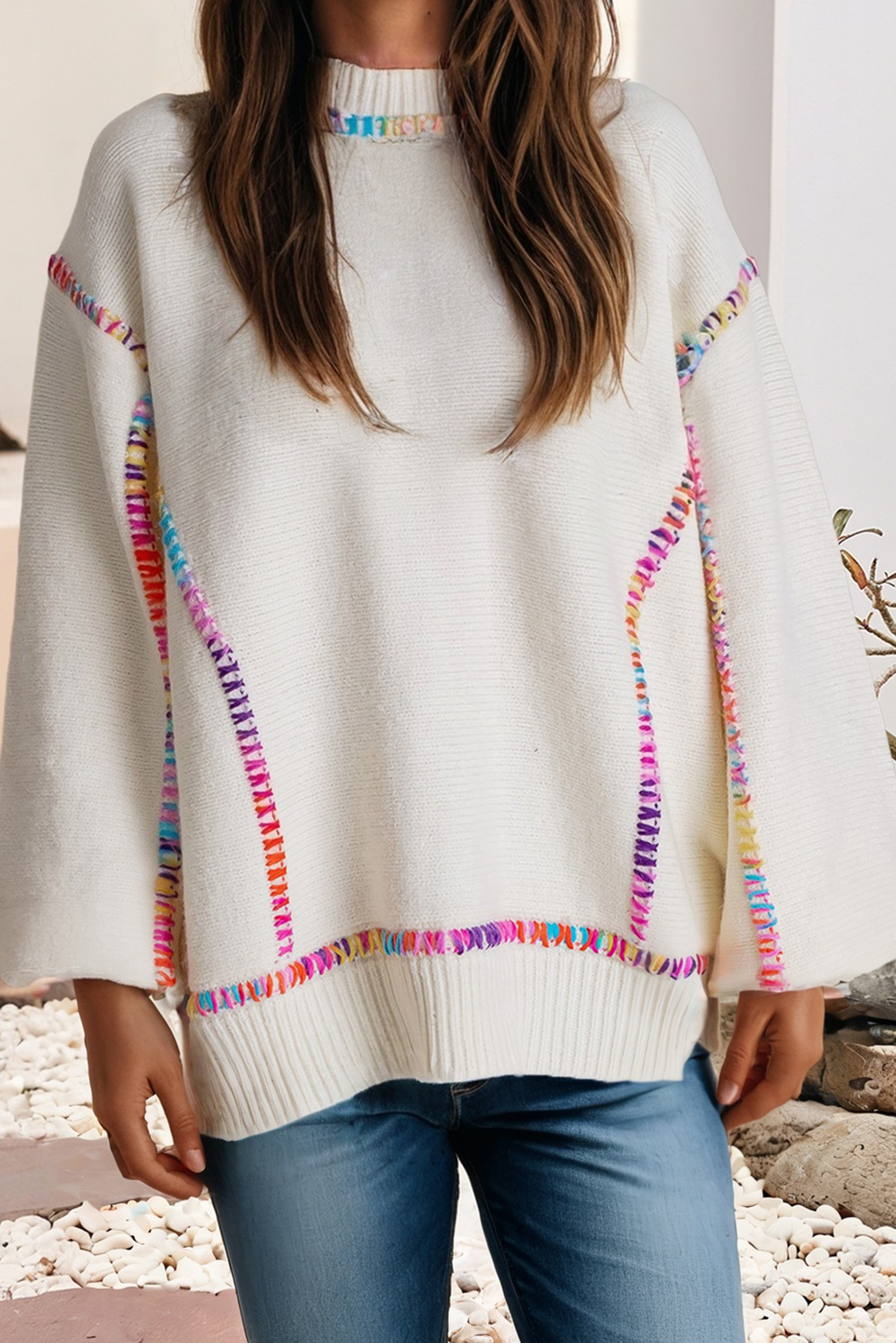 LDC Color Block Stitching Bishop Sleeve Round Neck Sweater: White / XL