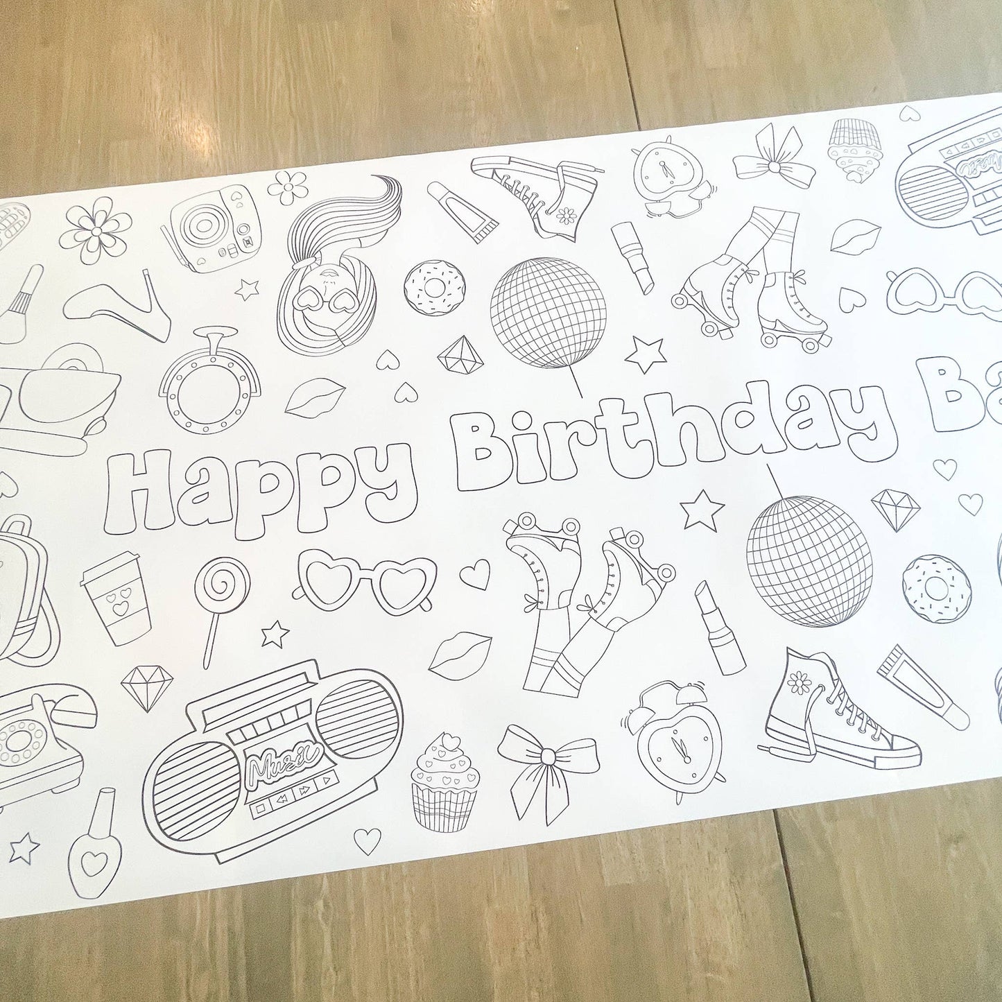 Pink Doll Coloring Table Runner| Happy Birthday: No personalization (no wording)