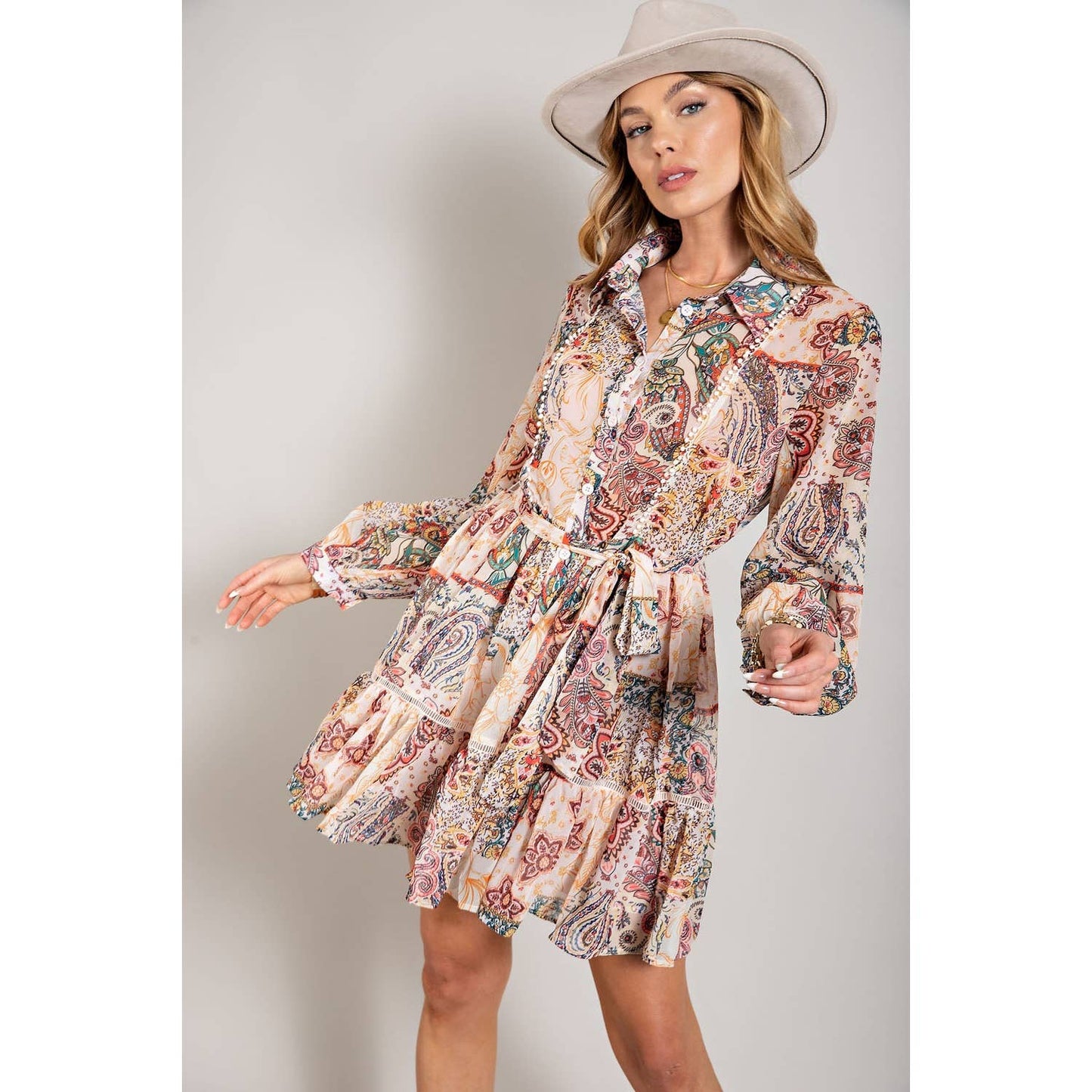 FLOWER PRINT LONG SLEEVE SHIRT DRESS: Blush Multi / L