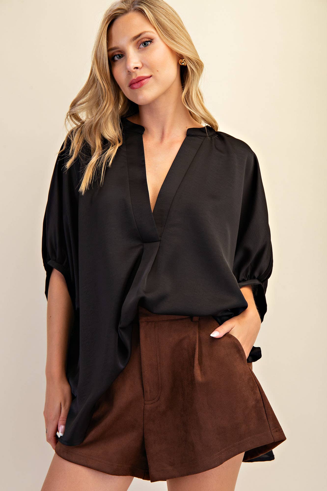V-Neck Placket Oversized Satin Top: Burgundy / M