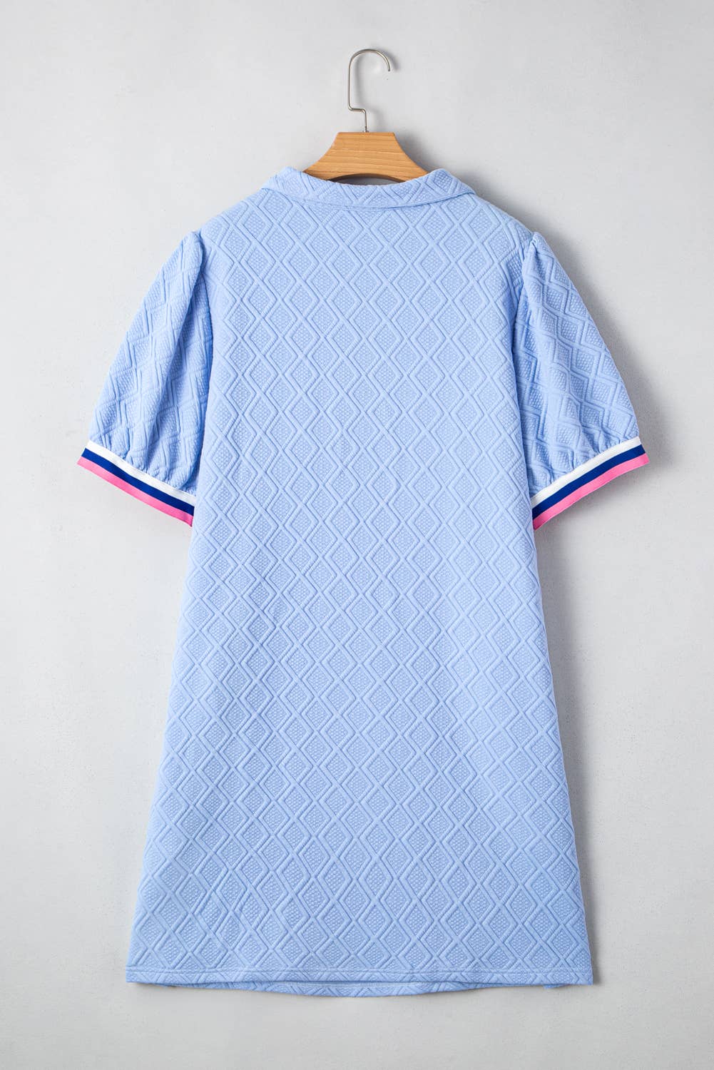 Striped Trim Zipped Stand Collar Puff Sleeve Plus Size Dress: Blue / Plus Size / 4X