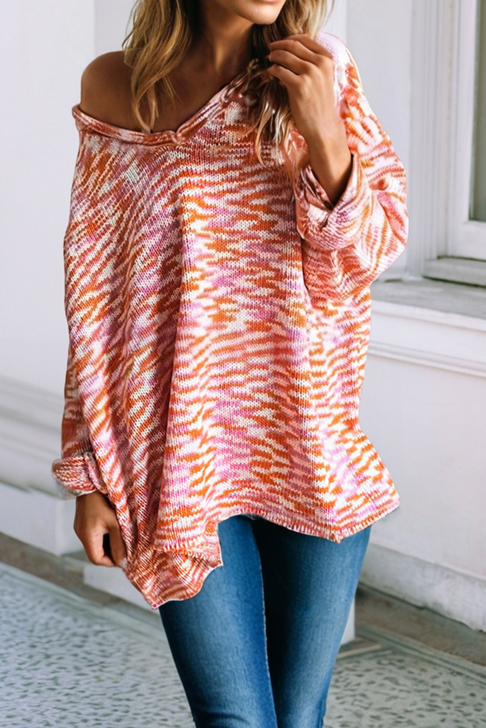 LDC Vibrant Print Drop Shoulder V Neck Oversized Sweater: Orange / M