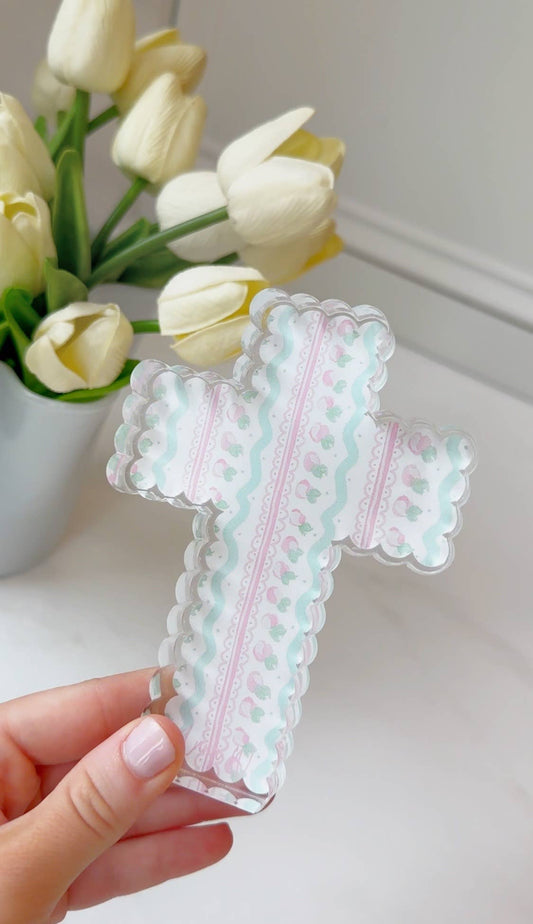 Scalloped Acrylic Cross Blocks : Pink Pattern Cross