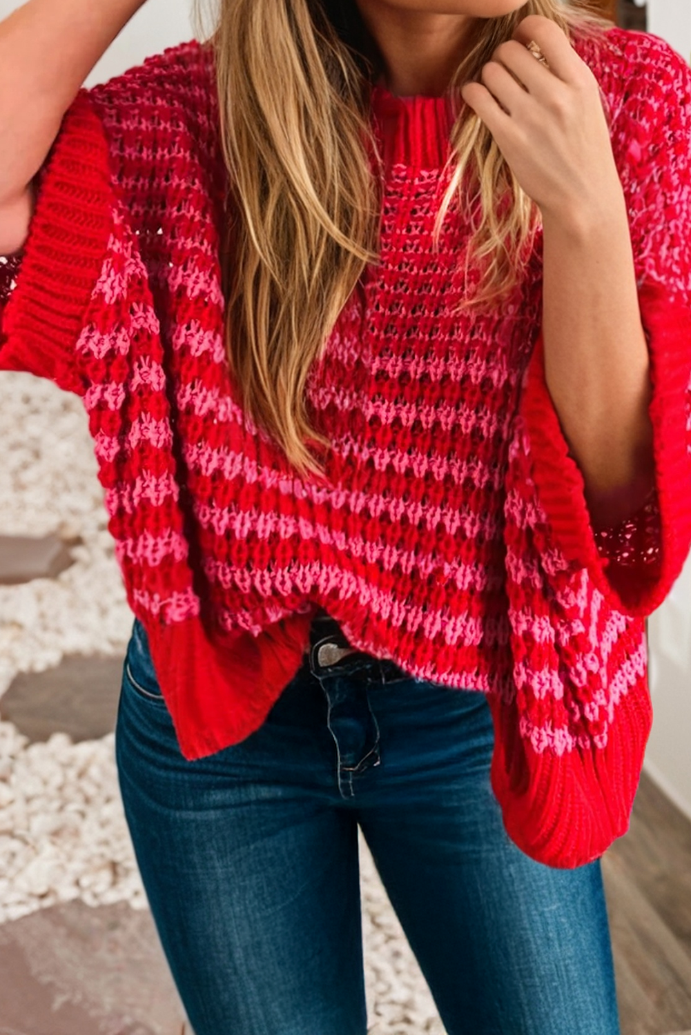 LDC 3/4 Draped Sleeve Slouchy Sweater: Red Stripe / M