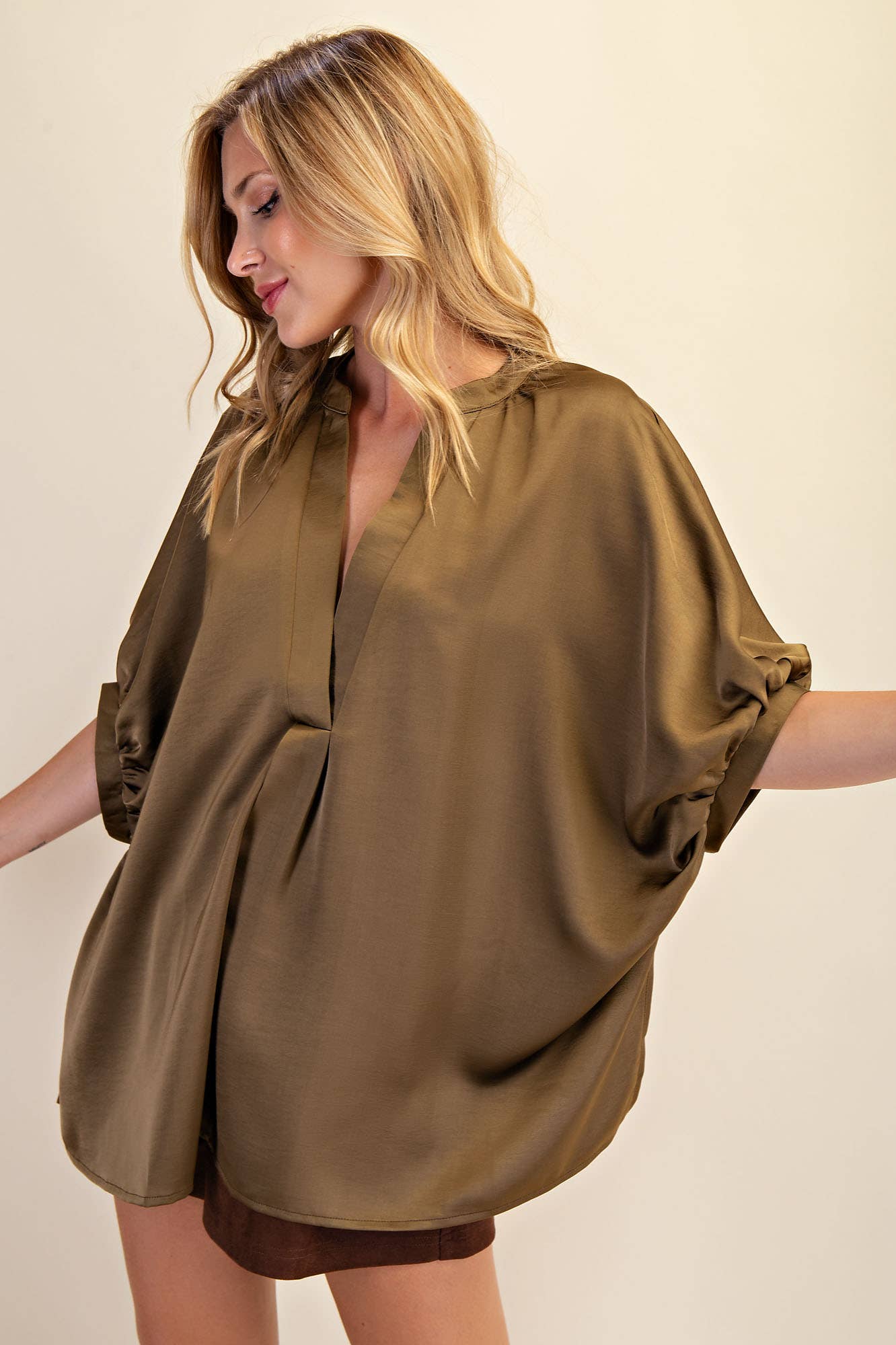 V-Neck Placket Oversized Satin Top: Burgundy / M