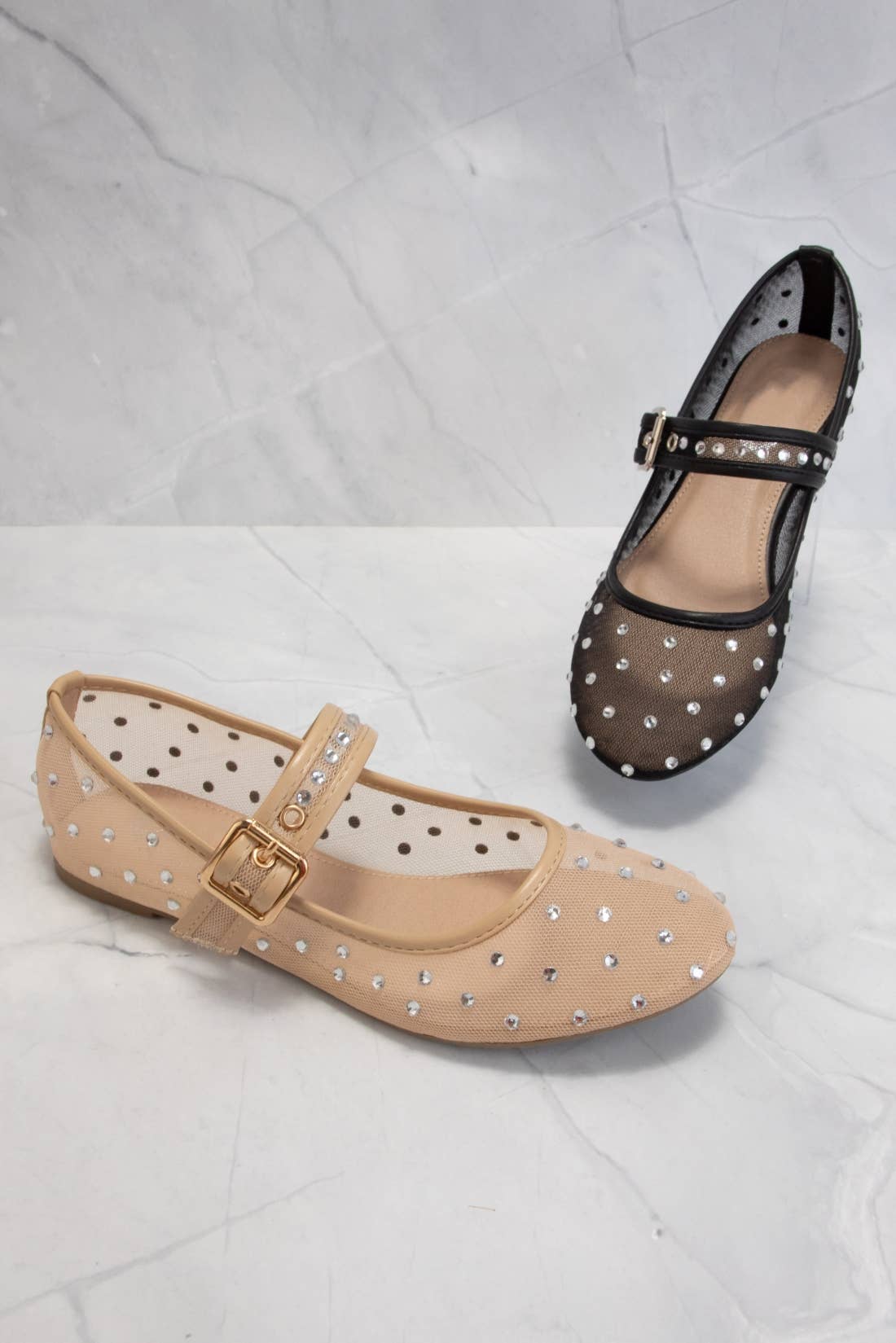 SF9868 RHINESTONE EMBELLISHED MESH MARY JANE FLATS: BLACK / 7.5