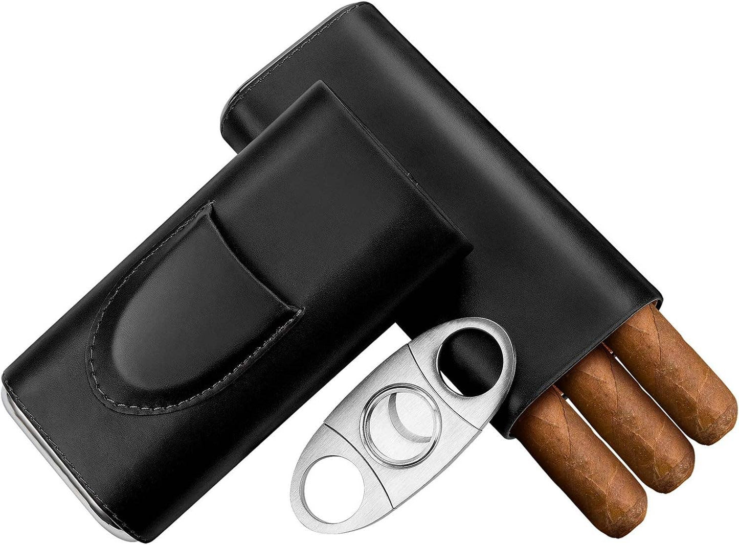 Genuine Leather Cigar Case, Wood Lined Humidor with Cutter: Brown