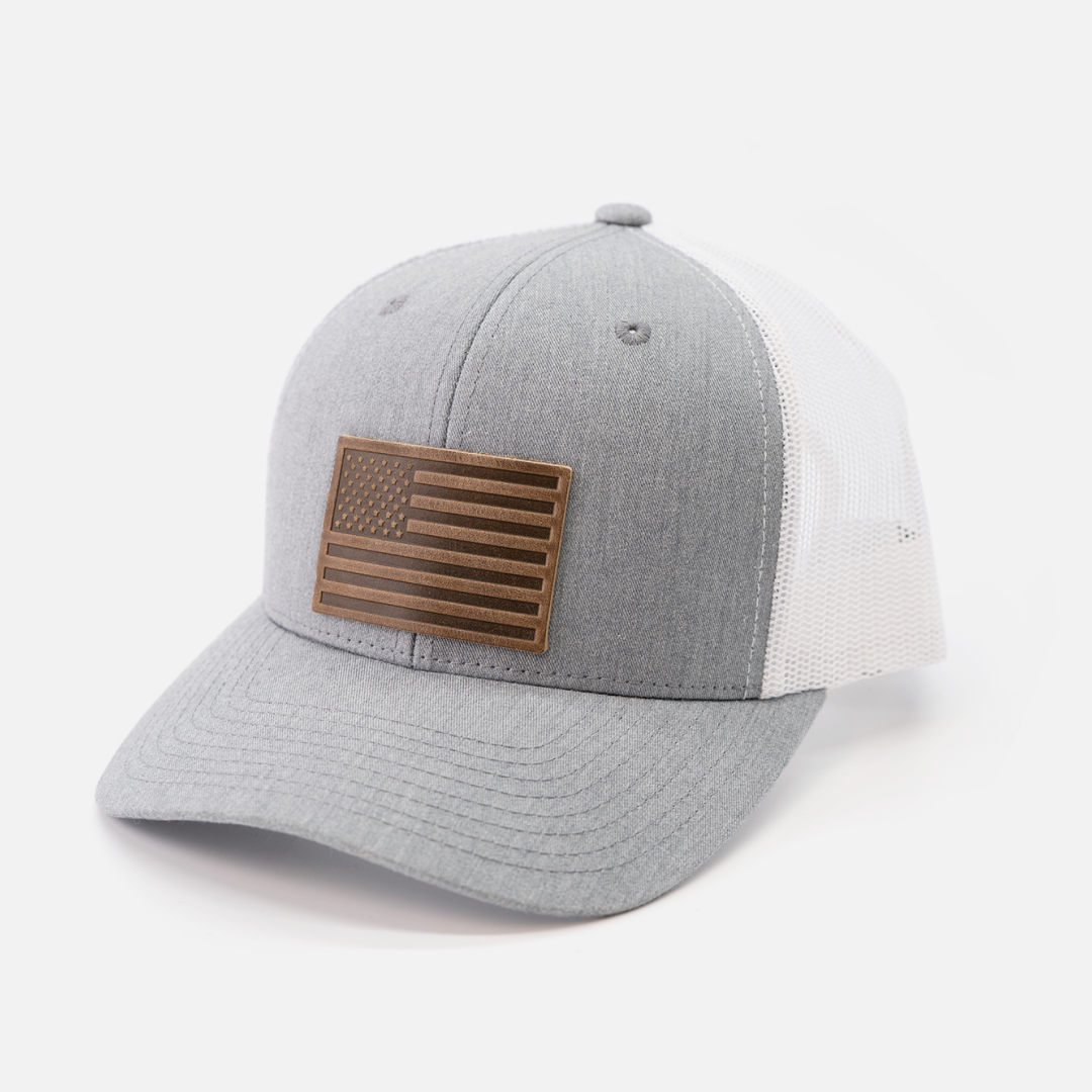 American Flag Hat | Leather Patch Trucker Hat: Heather Gray/White