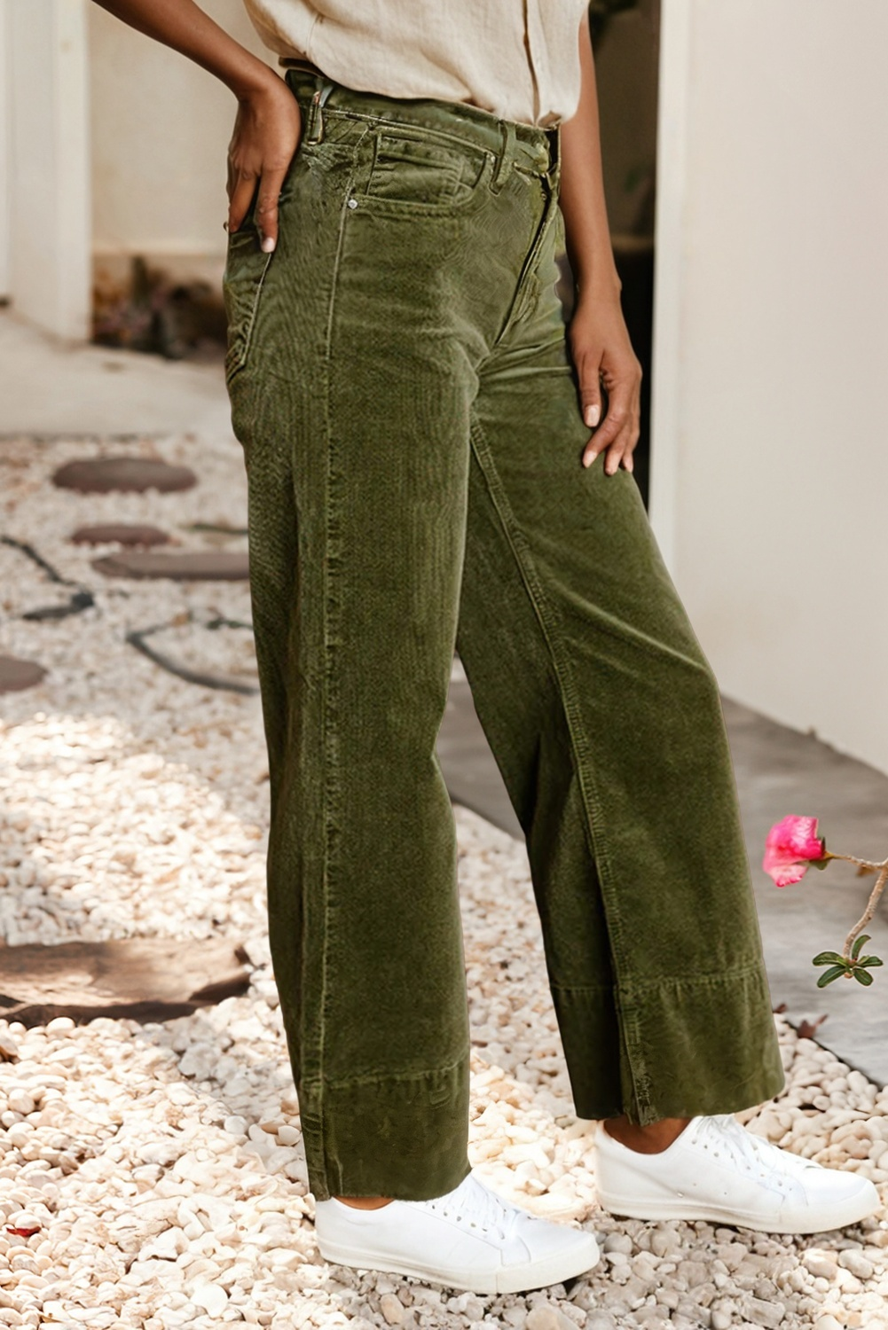 LDC Solid Color High Waist Corduroy Wide Leg Pants: Vineyard Green / M