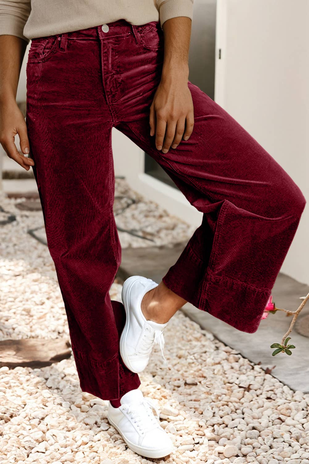 LDC Solid Color High Waist Corduroy Wide Leg Pants: Burgundy / L