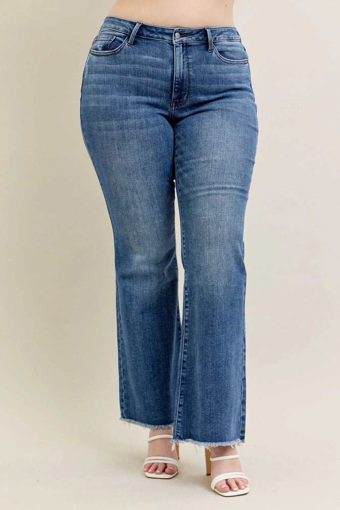 Judy Blue Mid Rise Vintage Wash Flare W/ Distressed and Frayed Hem